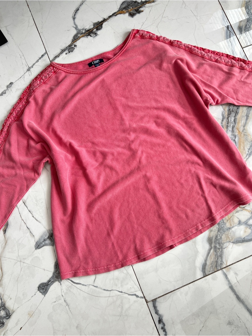 Chaps Women's Pink Embroidered Trim Dolman Sleeve Pullover Waffle Henley Top